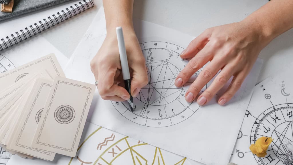 Astrology. Astrologer calculates natal chart and makes a forecast of fate.Tarot cards, Fortune telling on tarot cards magic crystal, occultism, Esoteric background. Fortune telling,tarot predictions.