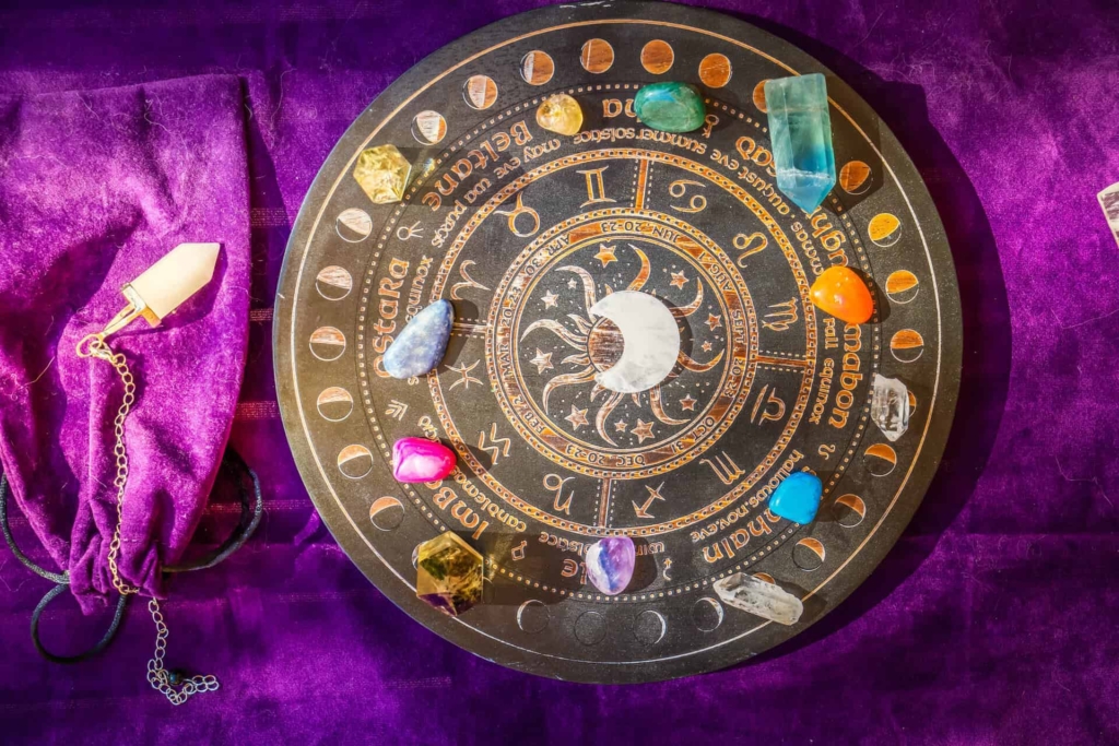 Gemstones for zodiac signes, minerals over life flower chart. Magic healing Rock for Reiki Crystal Ritual, Witchcraft, spiritual esoteric practice